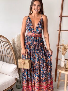 Navy & Coral Floral Print Backless Maxi Dress